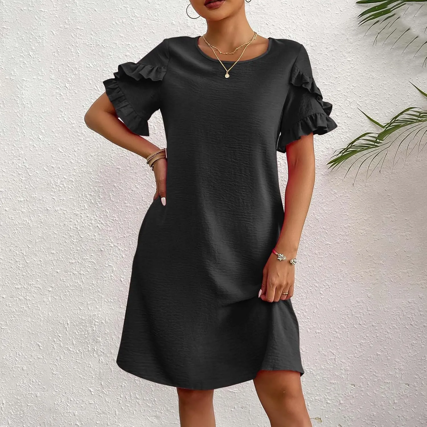 Womens Summer Dresses Trendy Ruffle Edge Short Sleeve Boho Mini Dress Elegant Crewneck Party Club Mini Dress 2024