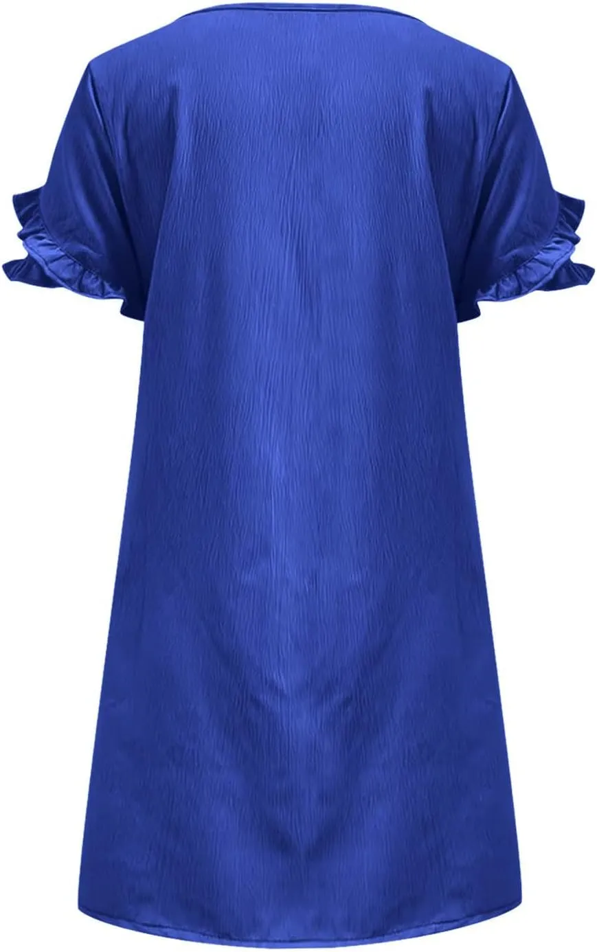 Womens Summer Dresses Trendy Ruffle Edge Short Sleeve Boho Mini Dress Elegant Crewneck Party Club Mini Dress 2024