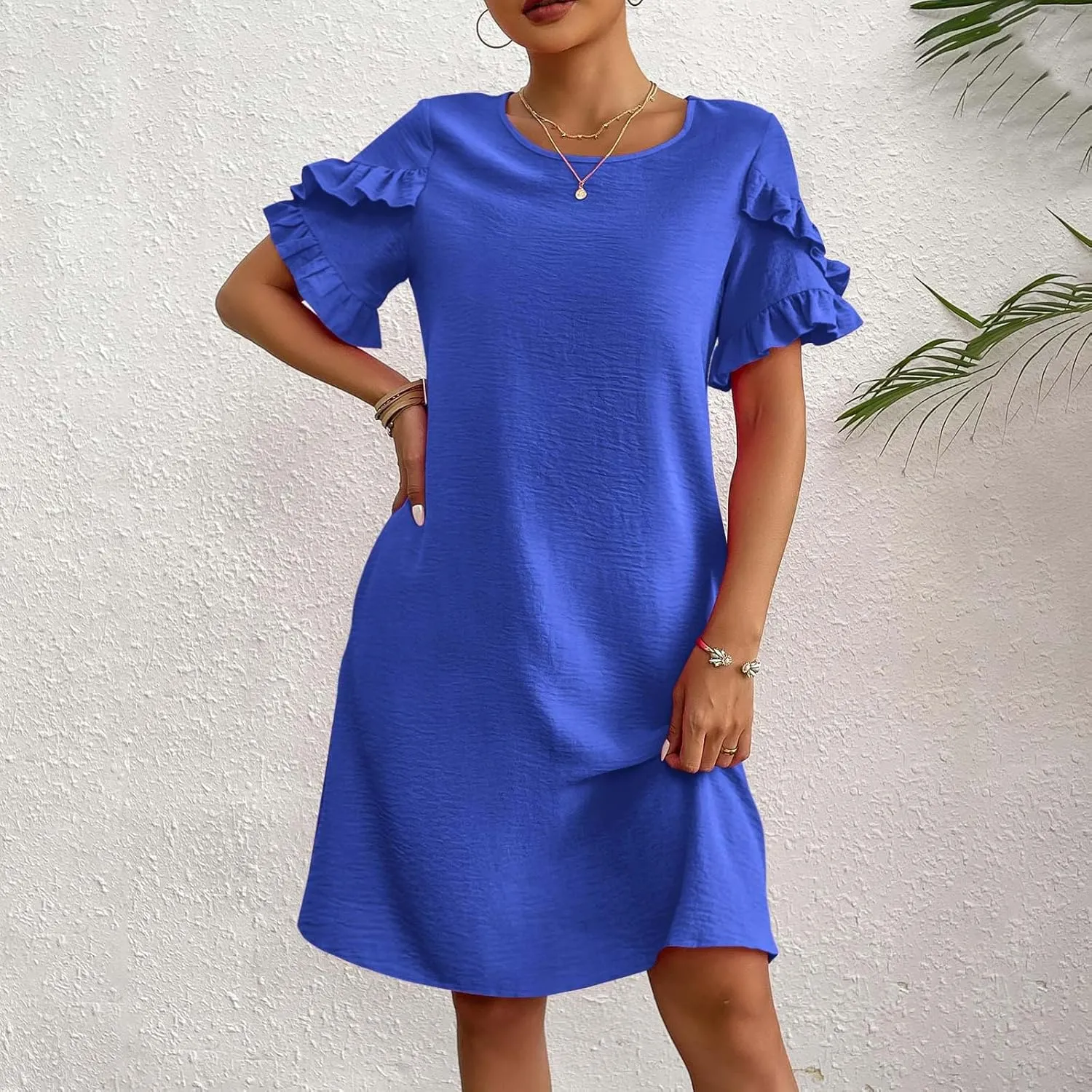 Womens Summer Dresses Trendy Ruffle Edge Short Sleeve Boho Mini Dress Elegant Crewneck Party Club Mini Dress 2024