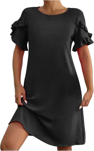 Womens Summer Dresses Trendy Ruffle Edge Short Sleeve Boho Mini Dress Elegant Crewneck Party Club Mini Dress 2024
