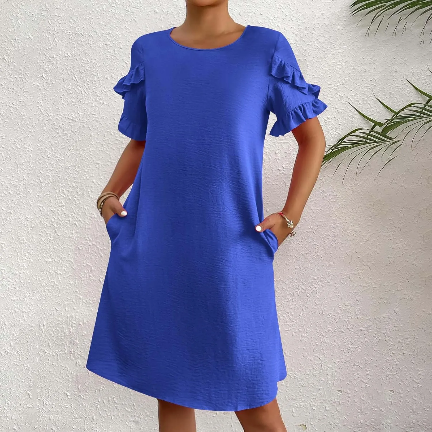 Womens Summer Dresses Trendy Ruffle Edge Short Sleeve Boho Mini Dress Elegant Crewneck Party Club Mini Dress 2024