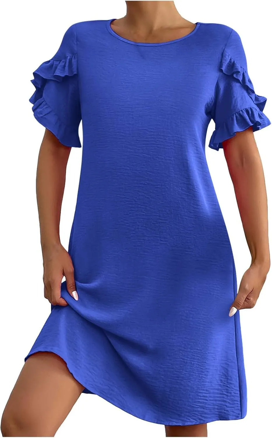Womens Summer Dresses Trendy Ruffle Edge Short Sleeve Boho Mini Dress Elegant Crewneck Party Club Mini Dress 2024