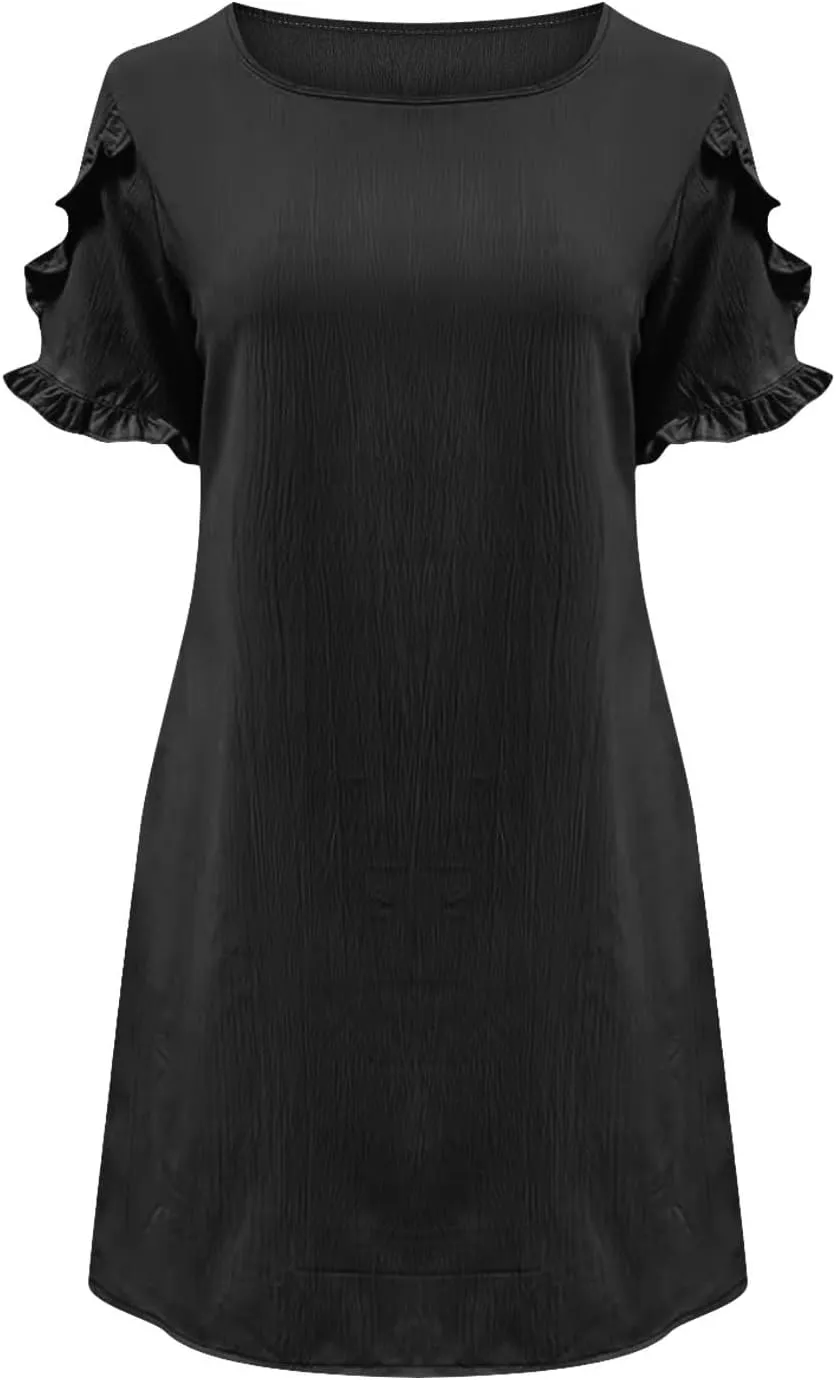 Womens Summer Dresses Trendy Ruffle Edge Short Sleeve Boho Mini Dress Elegant Crewneck Party Club Mini Dress 2024