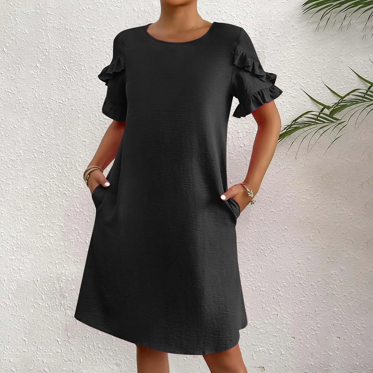 Womens Summer Dresses Trendy Ruffle Edge Short Sleeve Boho Mini Dress Elegant Crewneck Party Club Mini Dress 2024