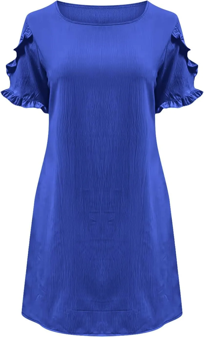 Womens Summer Dresses Trendy Ruffle Edge Short Sleeve Boho Mini Dress Elegant Crewneck Party Club Mini Dress 2024