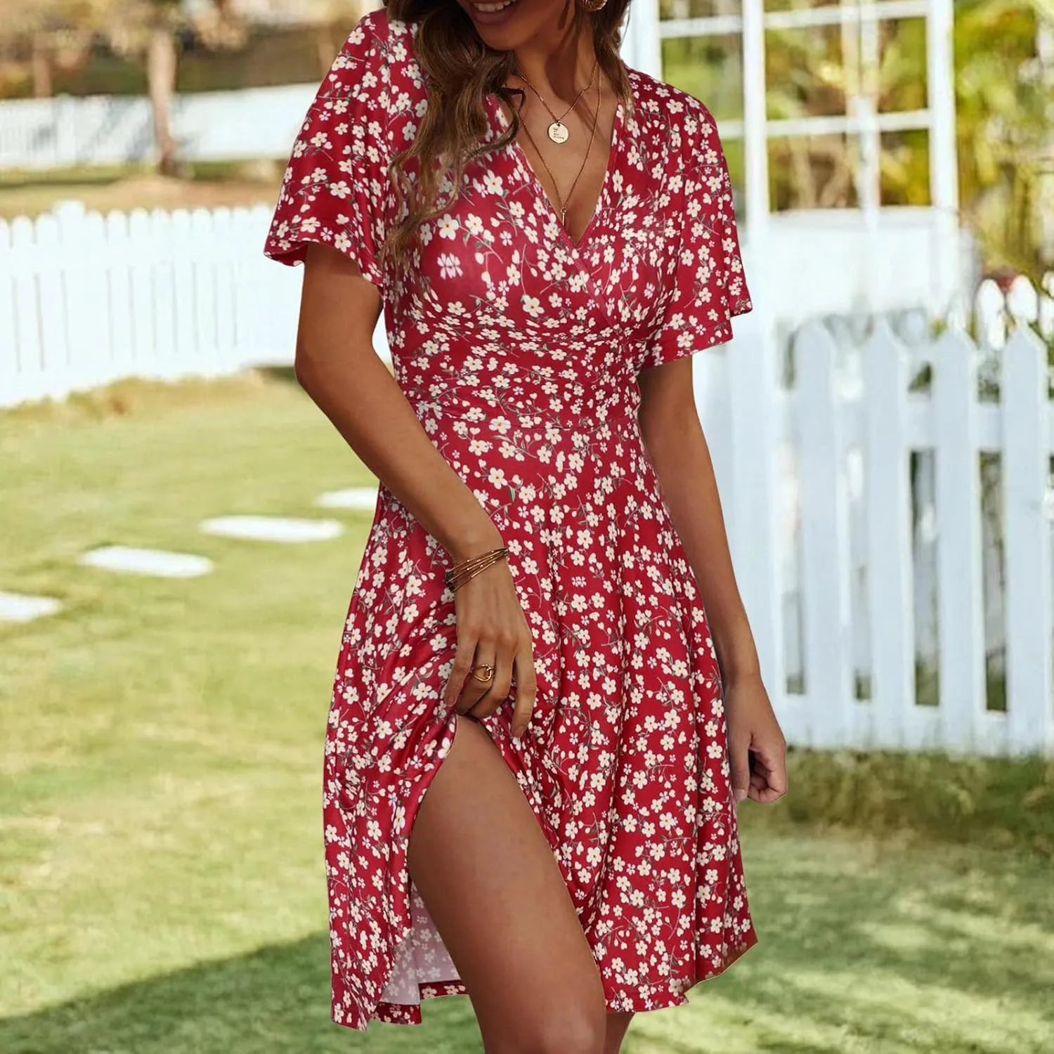 Women's Summer Floral Boho Dress Short Sleeve Wrap V Neck A-Line Mini Dress Wedding Guest Dresses Vacation Clothes