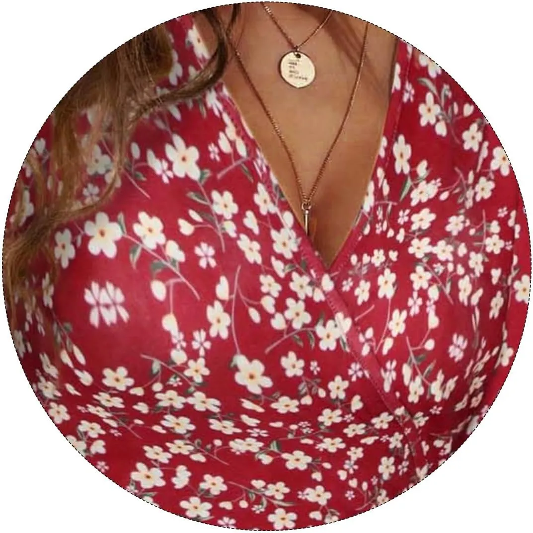 Women's Summer Floral Boho Dress Short Sleeve Wrap V Neck A-Line Mini Dress Wedding Guest Dresses Vacation Clothes
