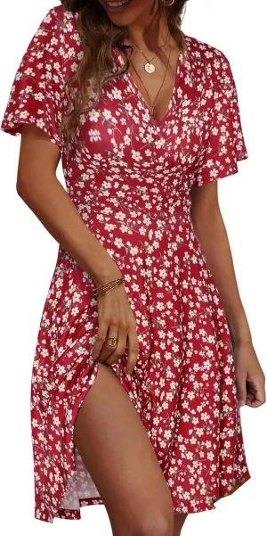 Women's Summer Floral Boho Dress Short Sleeve Wrap V Neck A-Line Mini Dress Wedding Guest Dresses Vacation Clothes