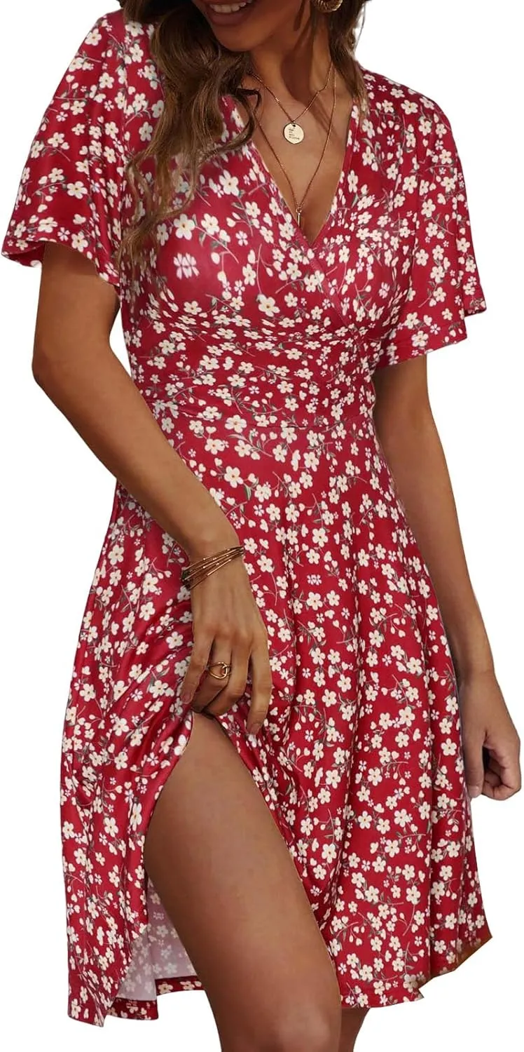 Women's Summer Floral Boho Dress Short Sleeve Wrap V Neck A-Line Mini Dress Wedding Guest Dresses Vacation Clothes