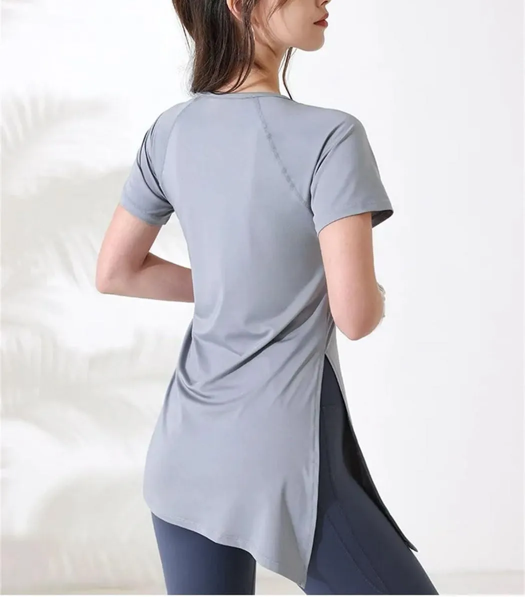 Women's Summer Forked Yoga Shirts Short Sleeves Sport Quick Dry T-Shirts Sexy Bandage Running Tee Tops