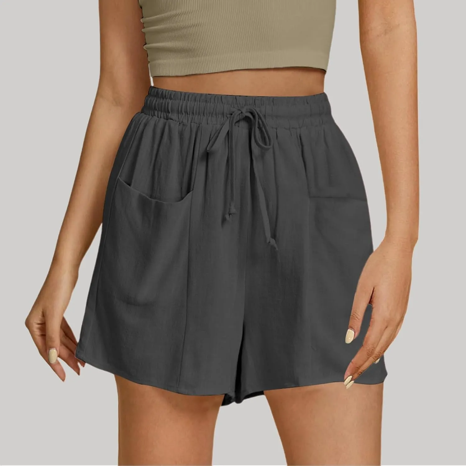 Women's Summer Linen High Elastic Waist Drawstring Solid Color Casual Loose Fit Beach Shorts with Pockets