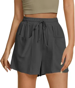 Women's Summer Linen High Elastic Waist Drawstring Solid Color Casual Loose Fit Beach Shorts with Pockets