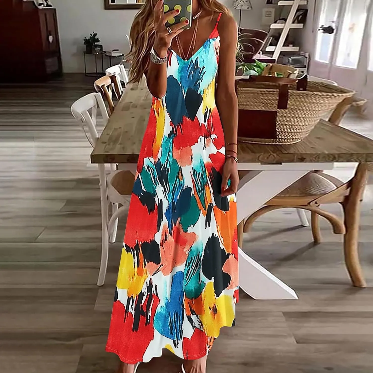 Women's Summer Maxi Dress 2025 Casual Spaghetti Straps V Neck Sundresses Boho Floral Print Beach Travel Cami Dresses