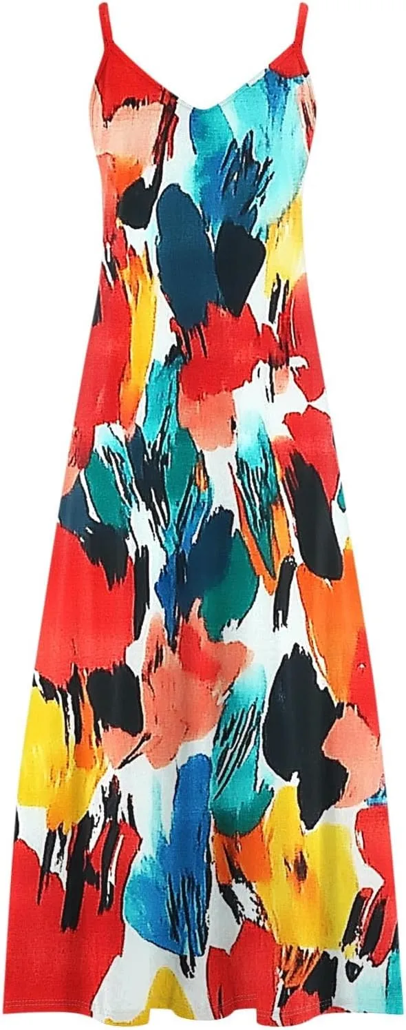 Women's Summer Maxi Dress 2025 Casual Spaghetti Straps V Neck Sundresses Boho Floral Print Beach Travel Cami Dresses
