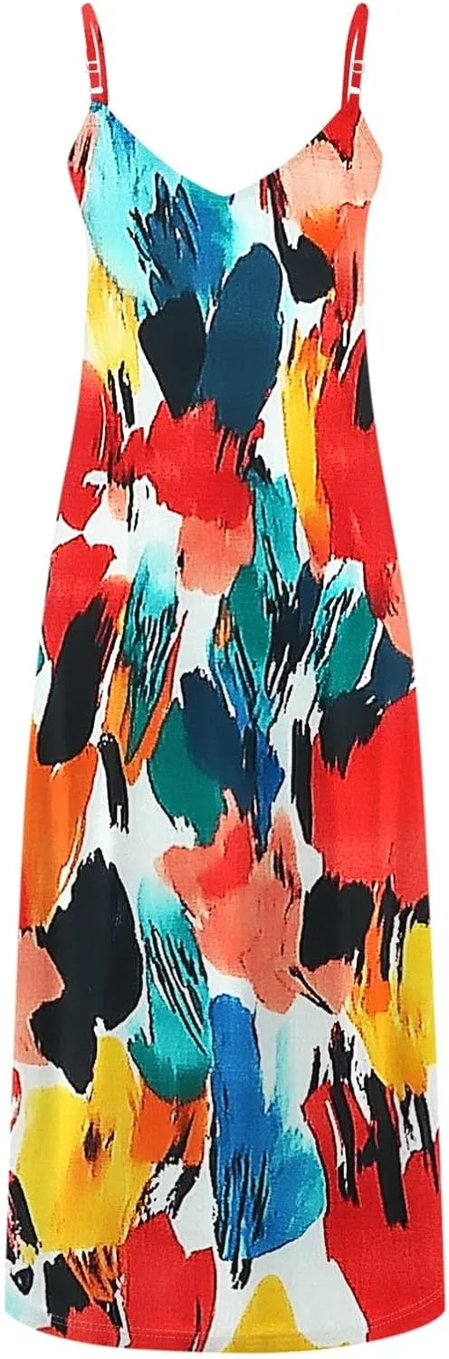 Women's Summer Maxi Dress 2025 Casual Spaghetti Straps V Neck Sundresses Boho Floral Print Beach Travel Cami Dresses
