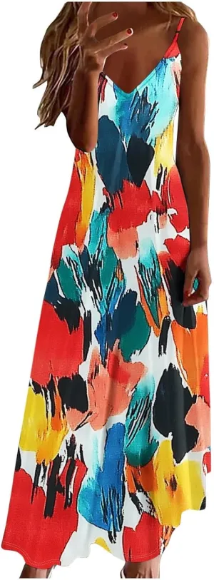 Women's Summer Maxi Dress 2025 Casual Spaghetti Straps V Neck Sundresses Boho Floral Print Beach Travel Cami Dresses