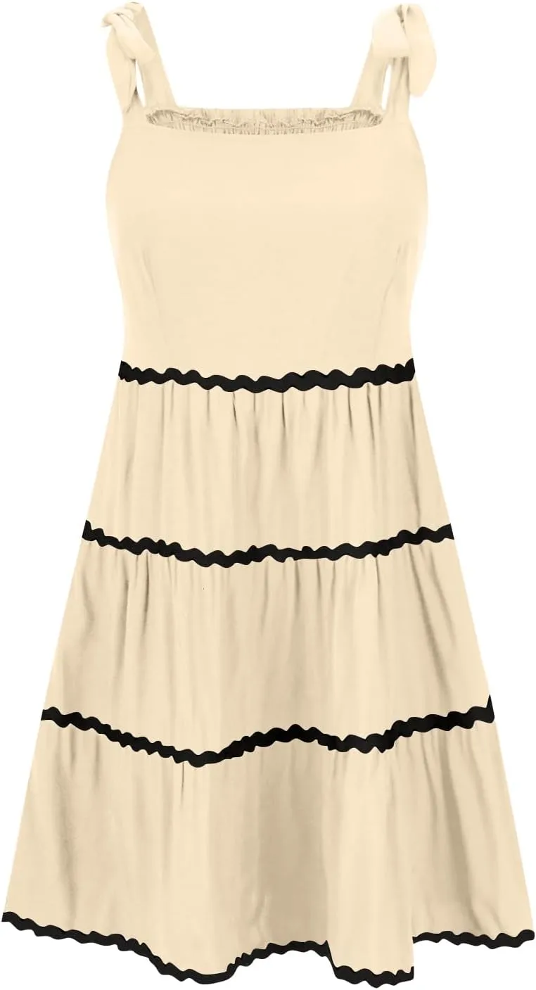 Womens Summer Mini Dress Boho Spaghetti Straps Color Block Swing Dress Casual Square Neck Backless Smocked Sundress