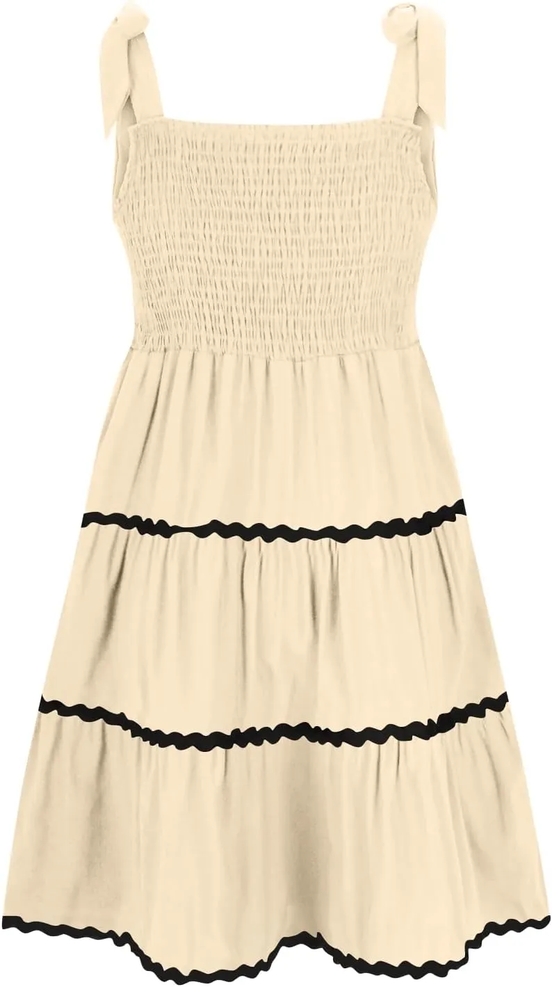 Womens Summer Mini Dress Boho Spaghetti Straps Color Block Swing Dress Casual Square Neck Backless Smocked Sundress
