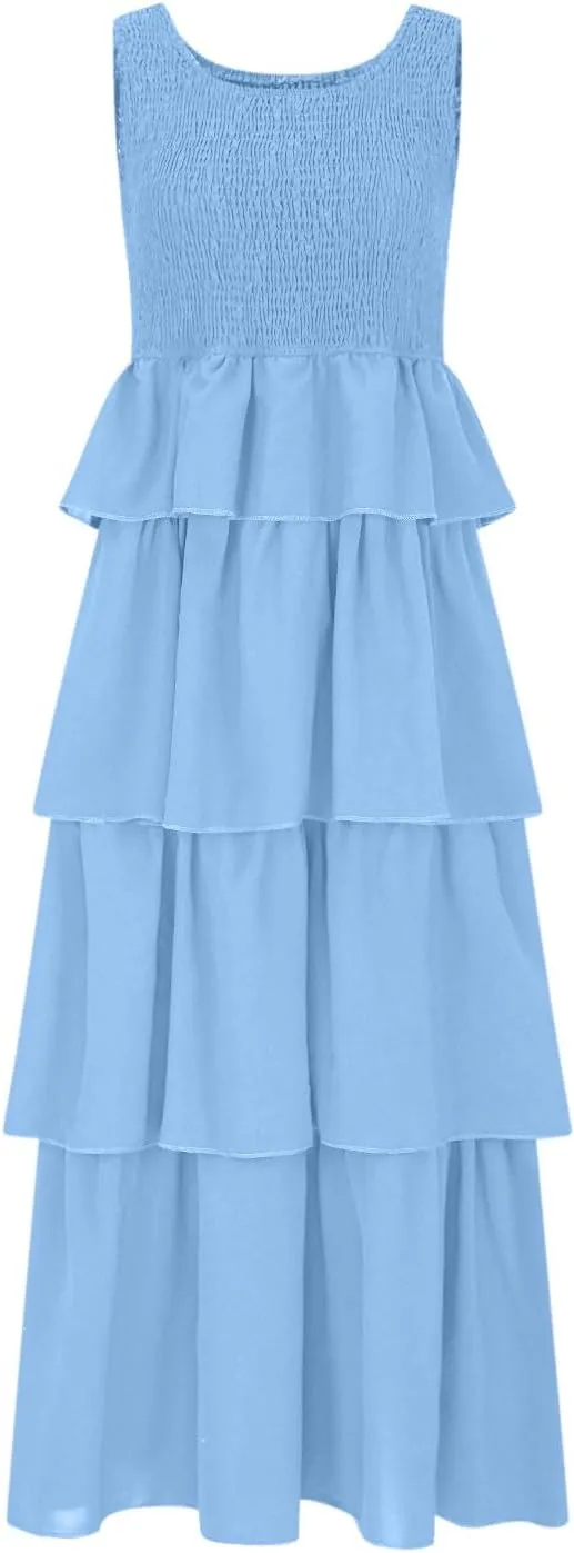 Women's Summer Sleeveless Maxi Sundress Swing Smocked Ruffle Flowy Tiered Wrap Dress Beach Travel Vacation Outfits