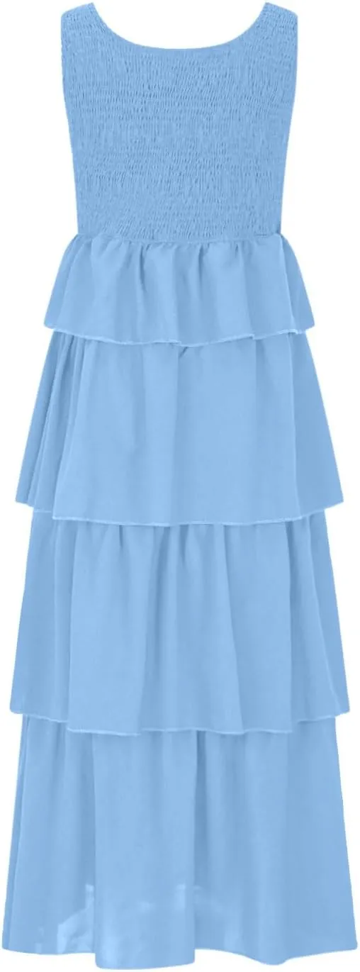 Women's Summer Sleeveless Maxi Sundress Swing Smocked Ruffle Flowy Tiered Wrap Dress Beach Travel Vacation Outfits