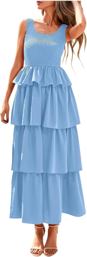 Women's Summer Sleeveless Maxi Sundress Swing Smocked Ruffle Flowy Tiered Wrap Dress Beach Travel Vacation Outfits