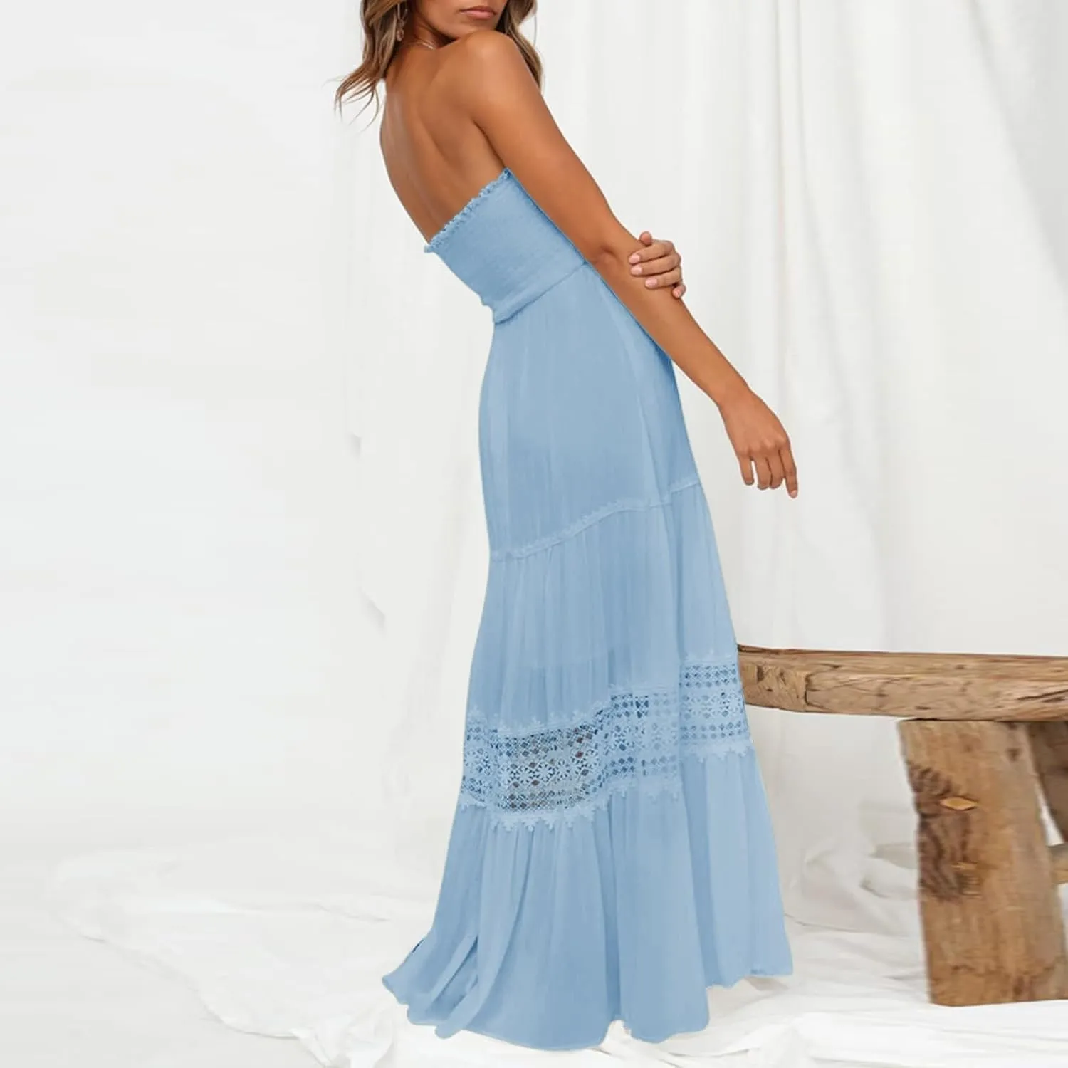 Women's Summer Solid Lace Trim Maxi Dress Sleeveless Smocked Ruffle Long Flowy Beach Vacation Boho Sundresses