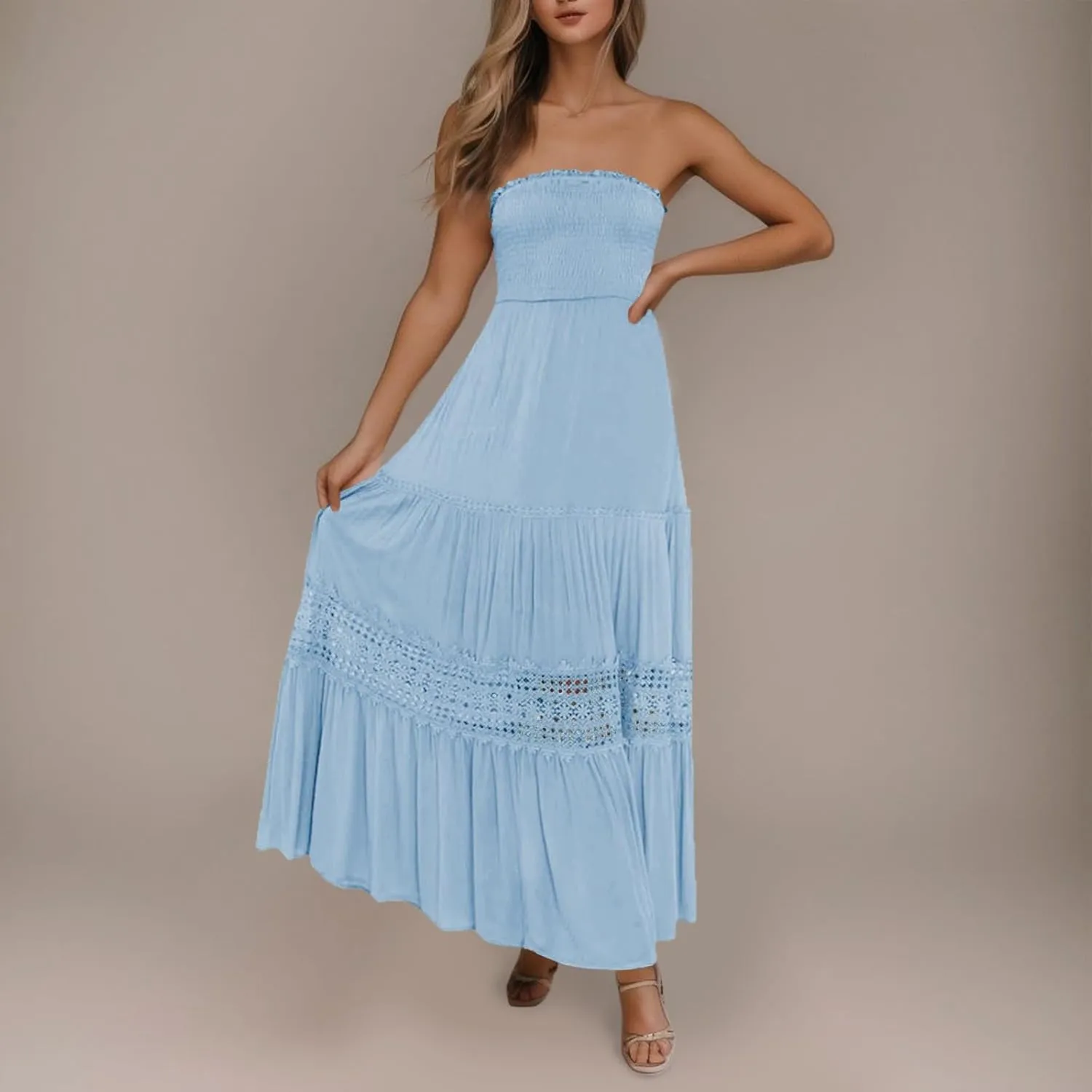 Women's Summer Solid Lace Trim Maxi Dress Sleeveless Smocked Ruffle Long Flowy Beach Vacation Boho Sundresses