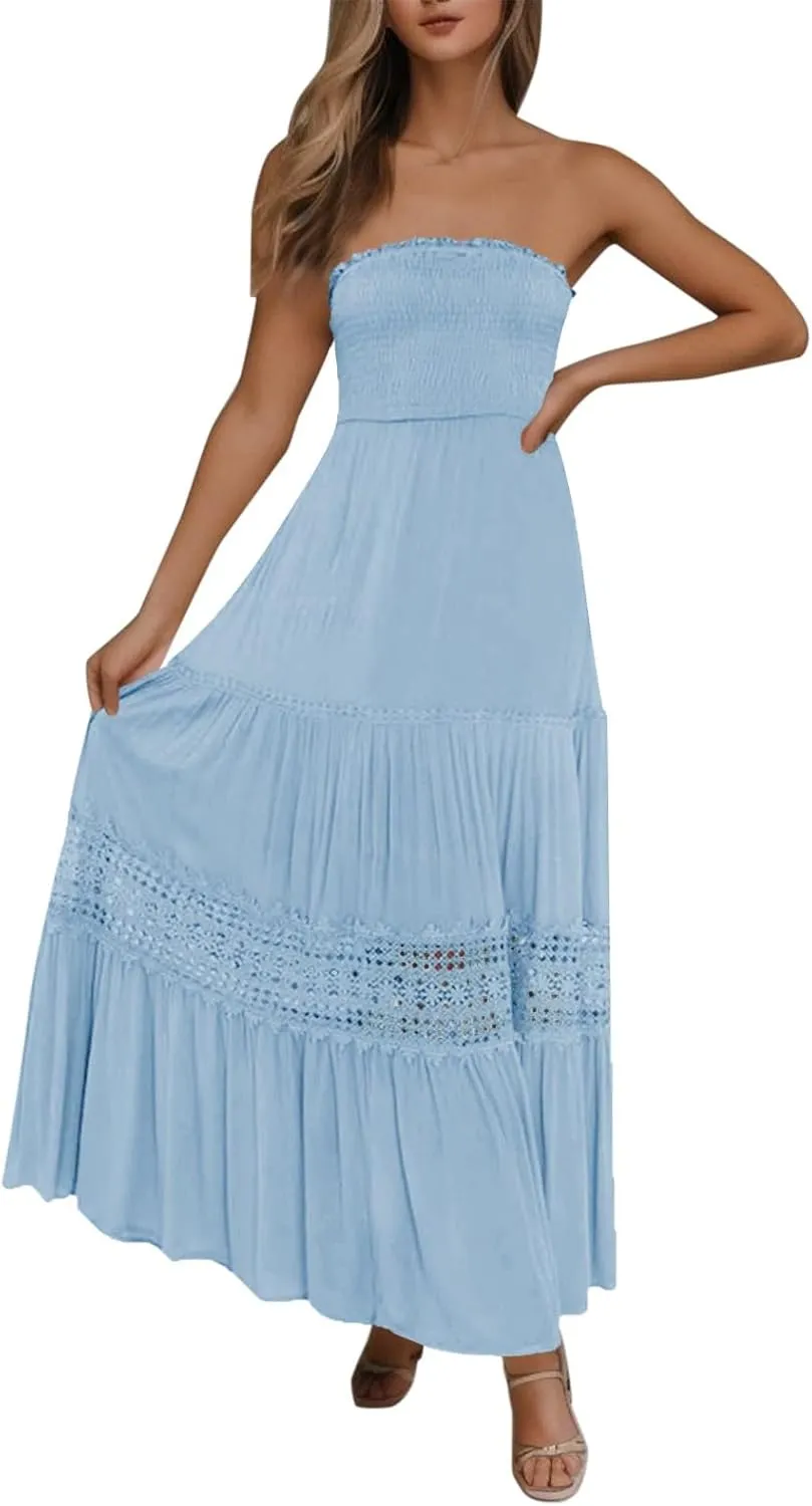 Women's Summer Solid Lace Trim Maxi Dress Sleeveless Smocked Ruffle Long Flowy Beach Vacation Boho Sundresses