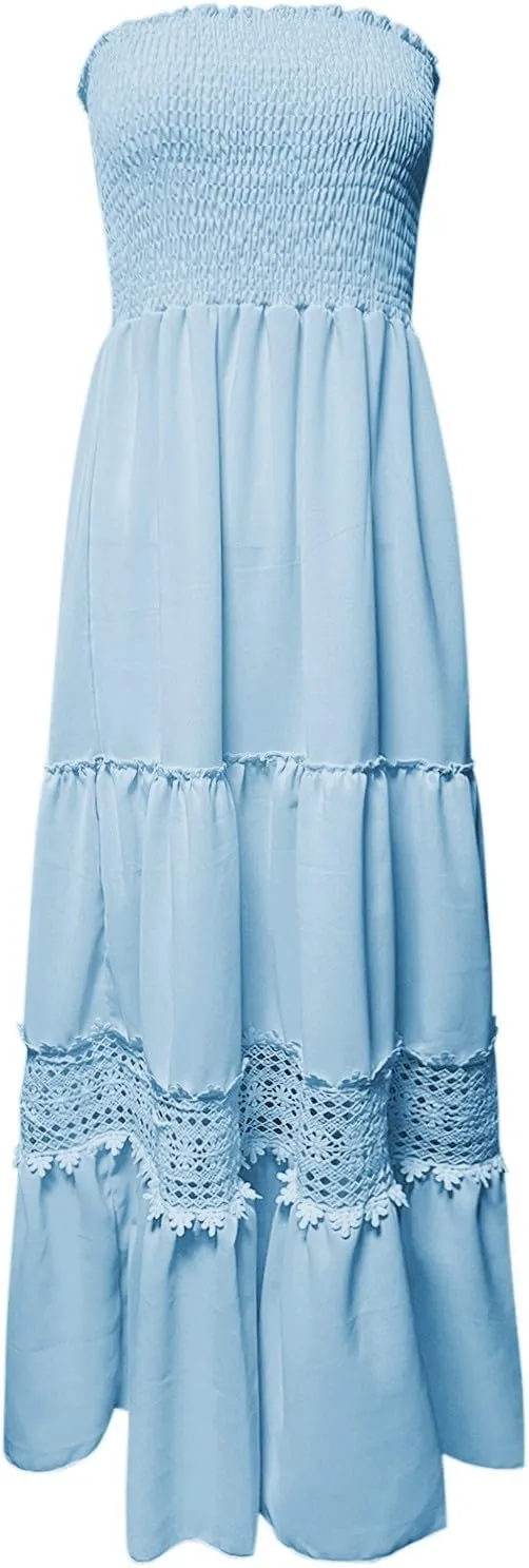 Women's Summer Solid Lace Trim Maxi Dress Sleeveless Smocked Ruffle Long Flowy Beach Vacation Boho Sundresses