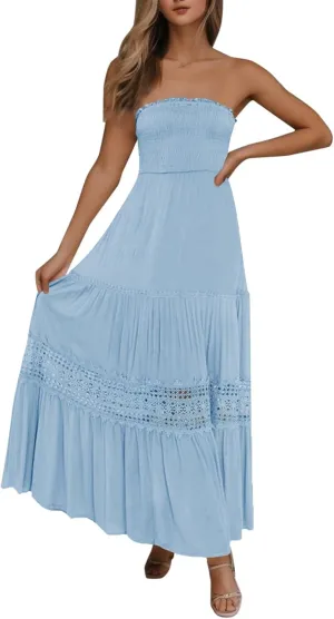 Women's Summer Solid Lace Trim Maxi Dress Sleeveless Smocked Ruffle Long Flowy Beach Vacation Boho Sundresses