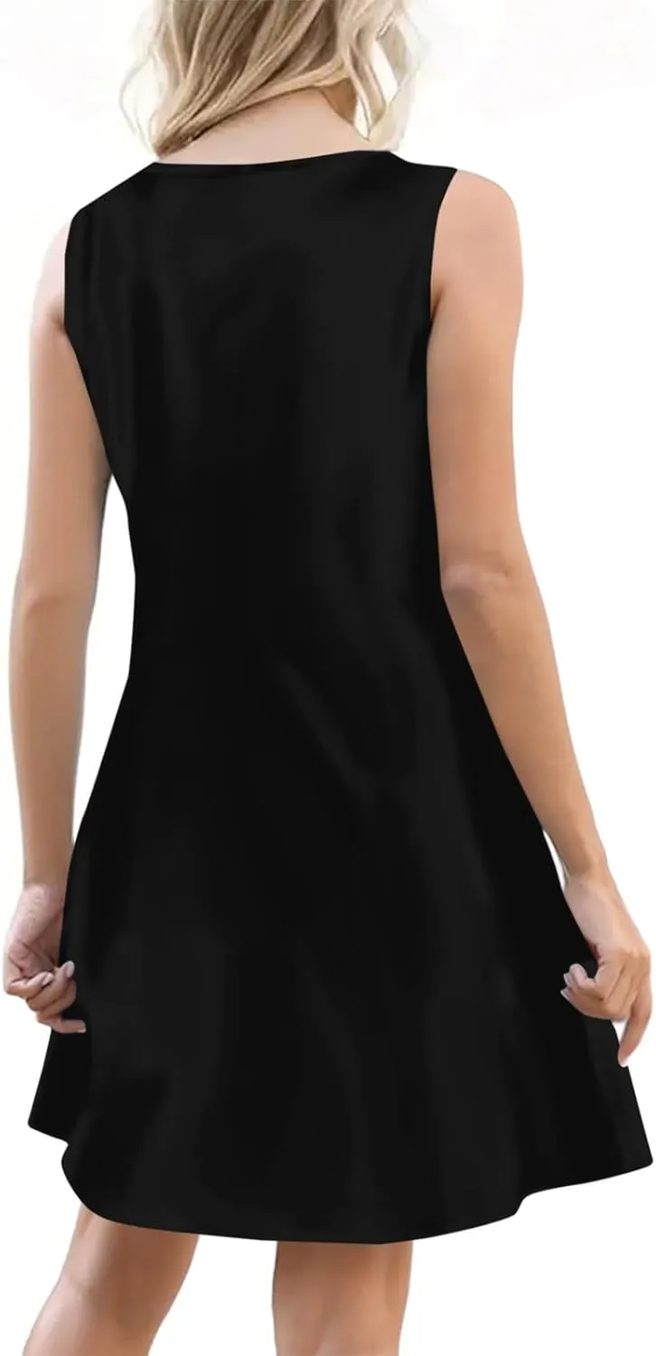 Women's Summer Sundresses Casual Loose Trendy Sleeveless V-Neck Solid Button Vacation Beach Dress Plus Size, S-3XL