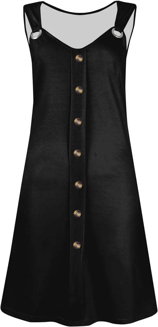 Women's Summer Sundresses Casual Loose Trendy Sleeveless V-Neck Solid Button Vacation Beach Dress Plus Size, S-3XL
