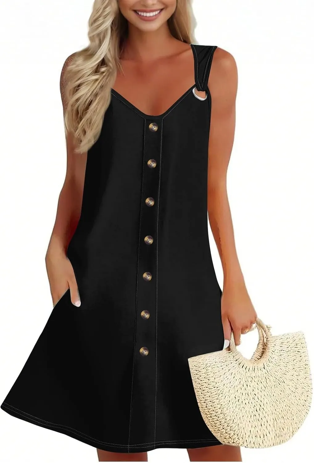 Women's Summer Sundresses Casual Loose Trendy Sleeveless V-Neck Solid Button Vacation Beach Dress Plus Size, S-3XL