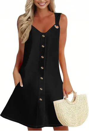 Women's Summer Sundresses Casual Loose Trendy Sleeveless V-Neck Solid Button Vacation Beach Dress Plus Size, S-3XL