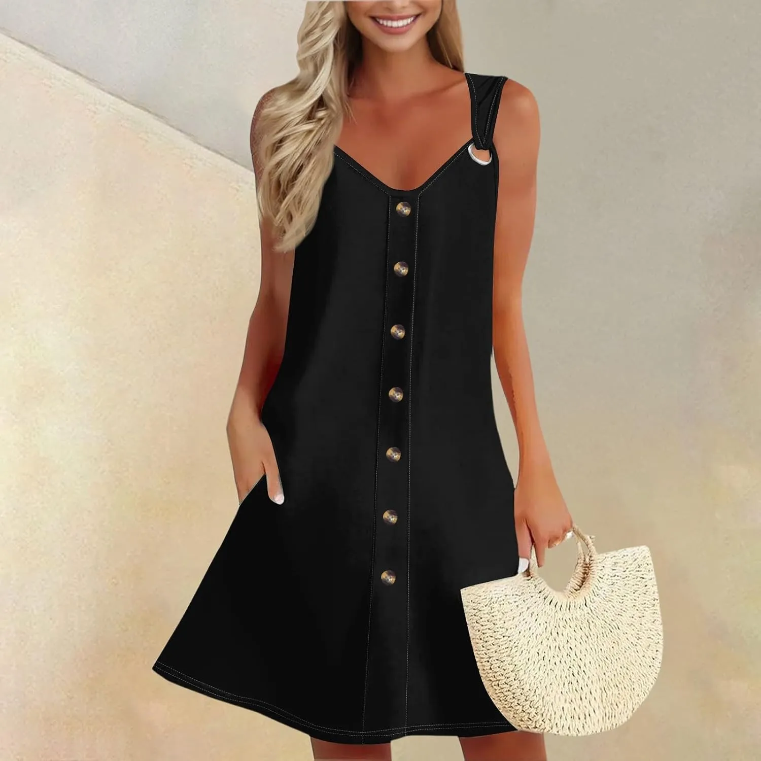 Women's Summer Sundresses Casual Loose Trendy Sleeveless V-Neck Solid Button Vacation Beach Dress Plus Size, S-3XL