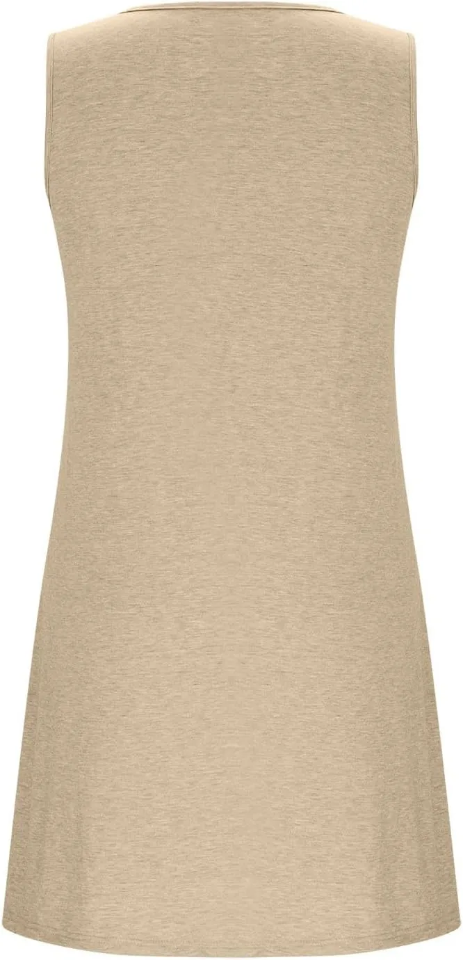 Womens Summer Tank Top Dress Sleeveless Round Neck Casual Dresses Trendy Solid Color Basic Mini Dress with Pockets
