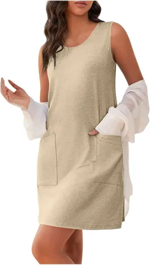 Womens Summer Tank Top Dress Sleeveless Round Neck Casual Dresses Trendy Solid Color Basic Mini Dress with Pockets