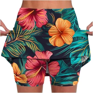 Womens Summer Tennis Skirts with Shorts Workout Golf Athletic Skirts Hawaiian Vacation Floral Print High Waist Skorts