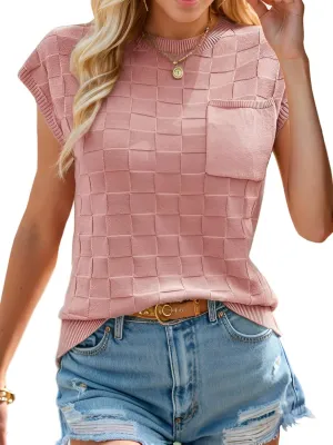 Womens Summer Trendy Shirts Tops 2025 Cap Short Sleeve Sweater Vest Crewneck Checkered Pocket Lightweight Tee Outfits