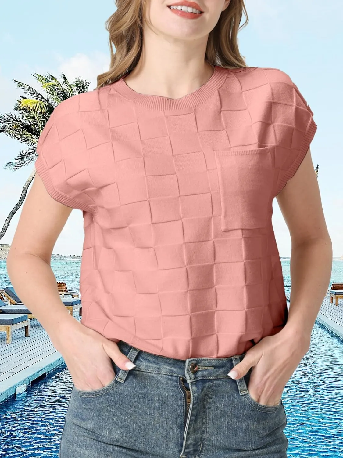 Womens Summer Trendy Shirts Tops 2025 Cap Short Sleeve Sweater Vest Crewneck Checkered Pocket Lightweight Tee Outfits