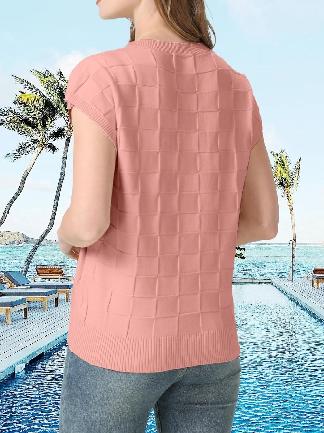 Womens Summer Trendy Shirts Tops 2025 Cap Short Sleeve Sweater Vest Crewneck Checkered Pocket Lightweight Tee Outfits