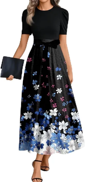 Women's Summer Wrap Dress Casual Boho Floral Printed Sun Dress Crew Neck Short Sleeve Ruffle Hem Beach Long Dresses
