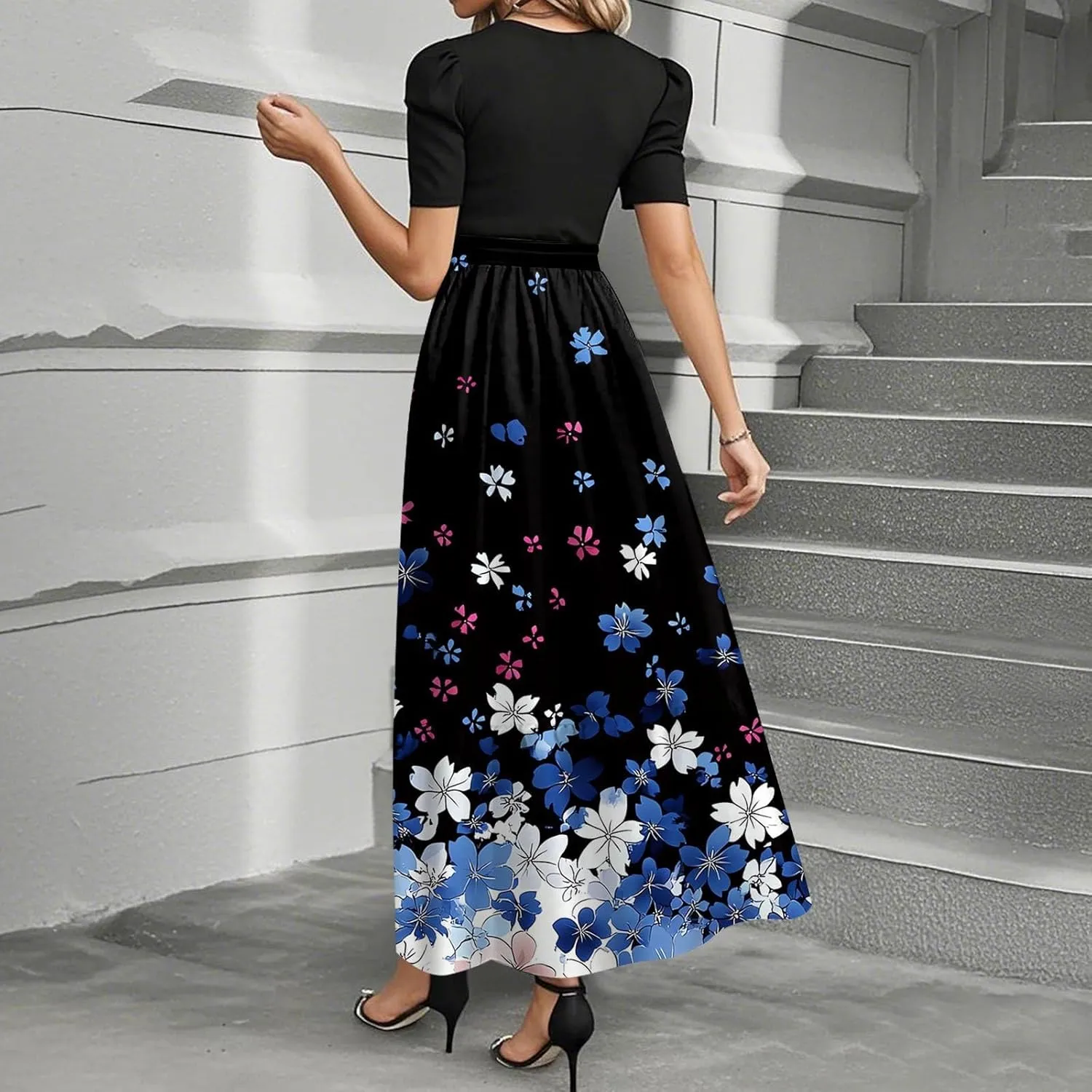 Women's Summer Wrap Dress Casual Boho Floral Printed Sun Dress Crew Neck Short Sleeve Ruffle Hem Beach Long Dresses