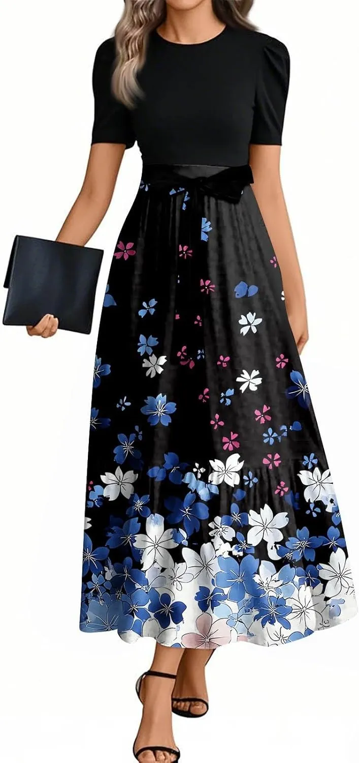 Women's Summer Wrap Dress Casual Boho Floral Printed Sun Dress Crew Neck Short Sleeve Ruffle Hem Beach Long Dresses