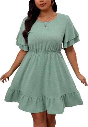 Womens Swiss Dots Flowy A-Line Dress Summer Short Sleeve Round Neck Mini Dresses Ruffle Hem Oversized Swing Dress