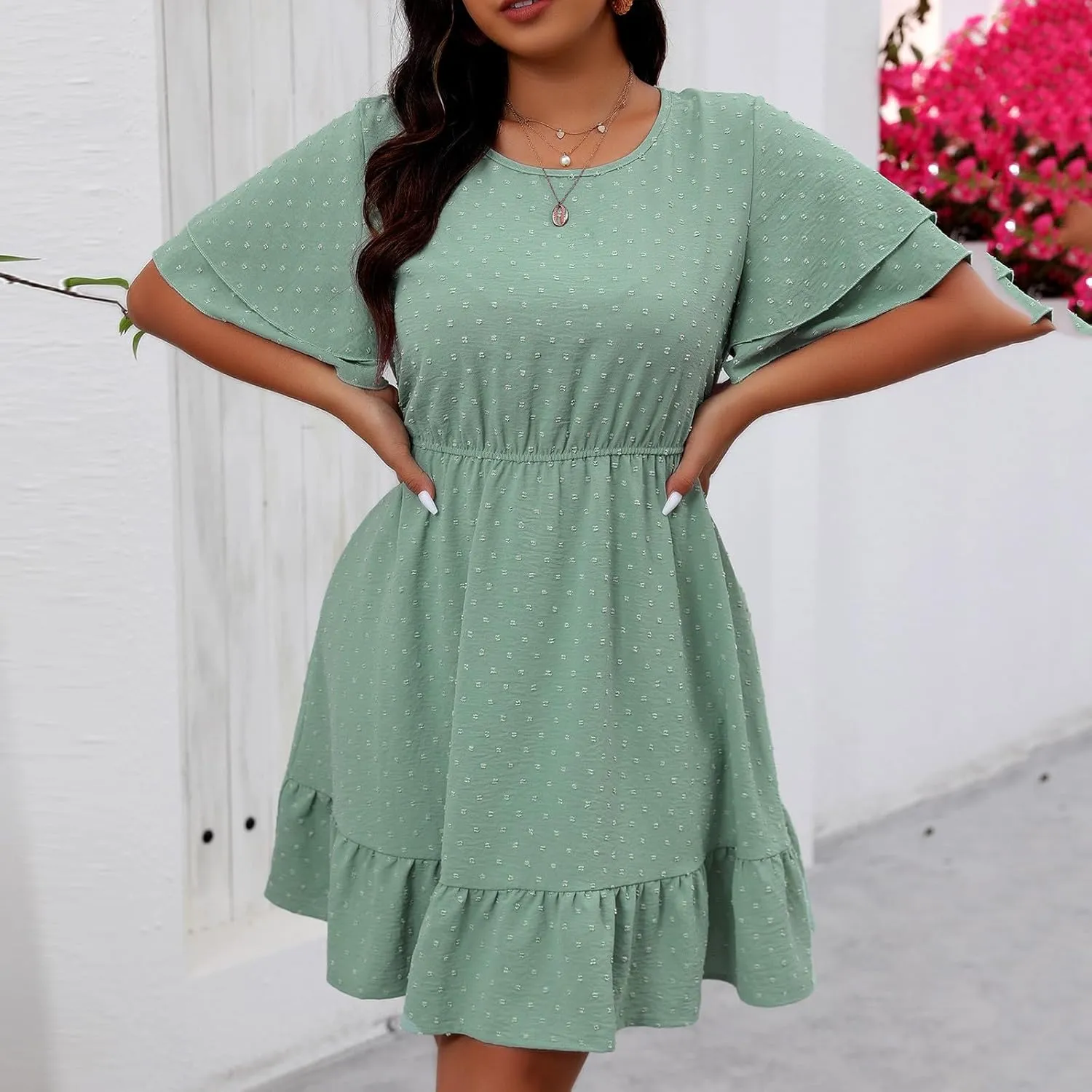 Womens Swiss Dots Flowy A-Line Dress Summer Short Sleeve Round Neck Mini Dresses Ruffle Hem Oversized Swing Dress