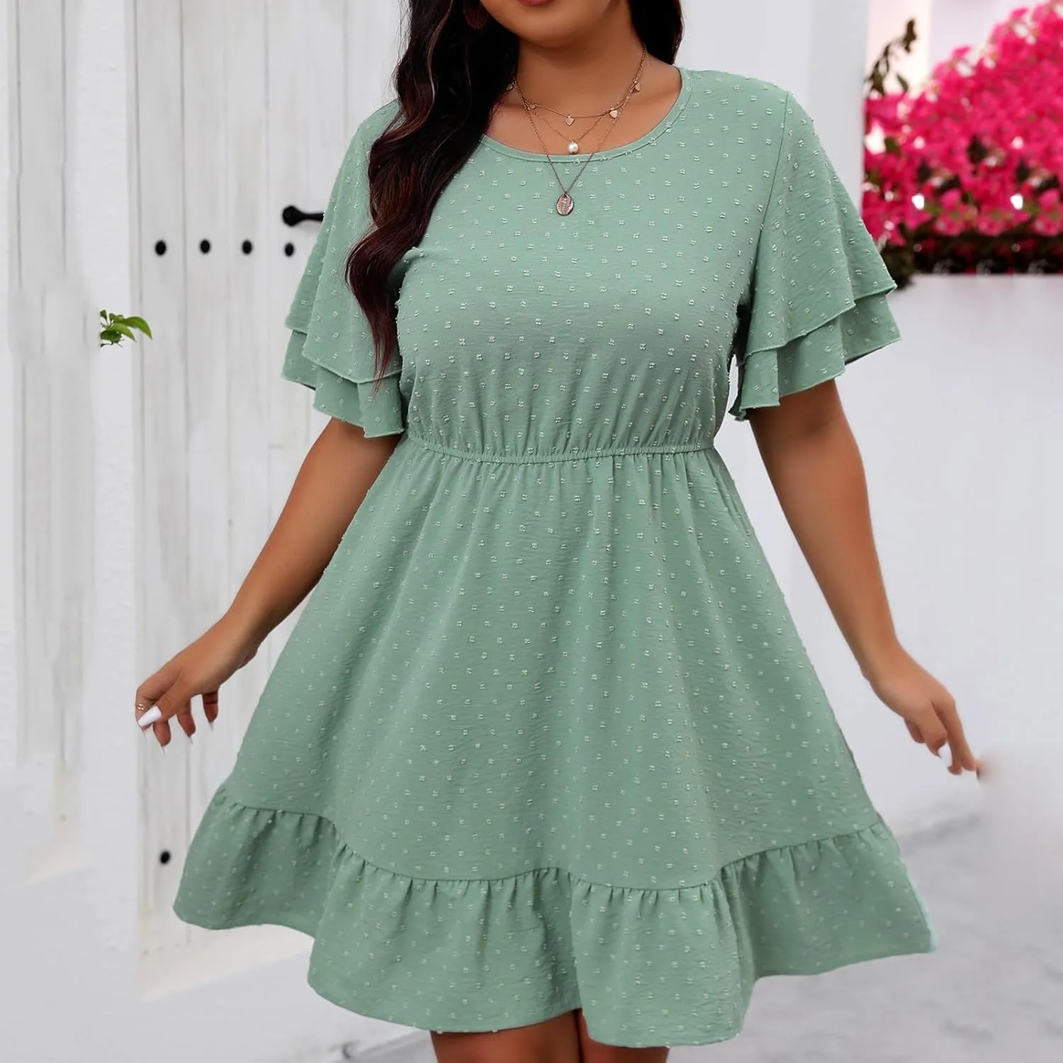 Womens Swiss Dots Flowy A-Line Dress Summer Short Sleeve Round Neck Mini Dresses Ruffle Hem Oversized Swing Dress