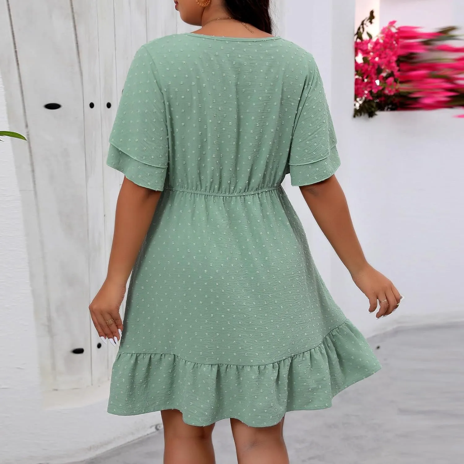 Womens Swiss Dots Flowy A-Line Dress Summer Short Sleeve Round Neck Mini Dresses Ruffle Hem Oversized Swing Dress