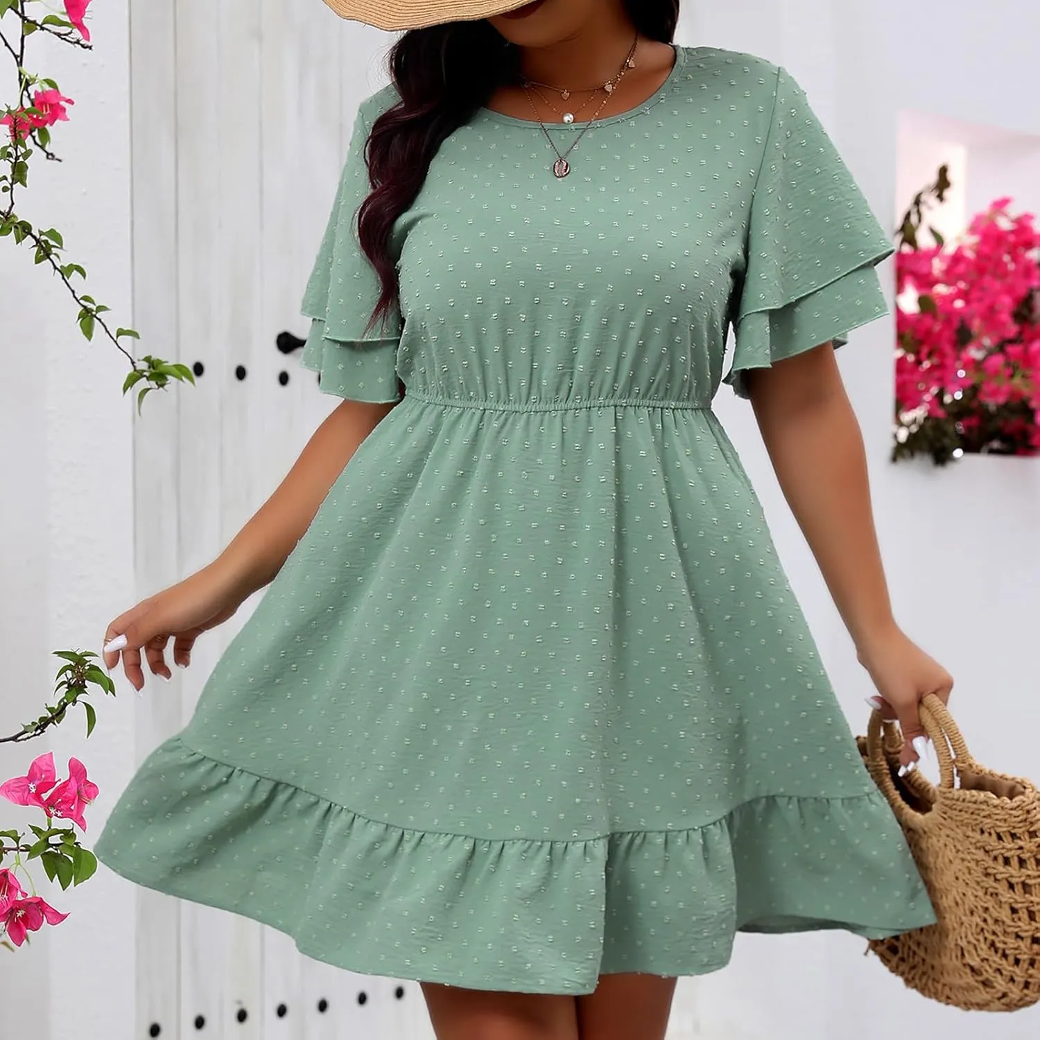 Womens Swiss Dots Flowy A-Line Dress Summer Short Sleeve Round Neck Mini Dresses Ruffle Hem Oversized Swing Dress