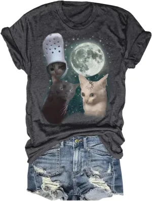 Women's Three Raccoons Vintage T-Shirt Retro Moon Tops Funny Raccoon Lovers Graphic Tee